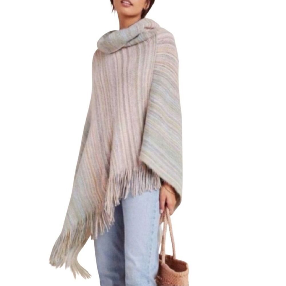 Anthropologie Saturday Sunday Poncho Vera Cowl Neck Fringe Pastel